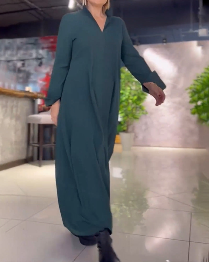 Losse maxi jurk voor dames in effen kleur met reverskraag en lange mouwen
