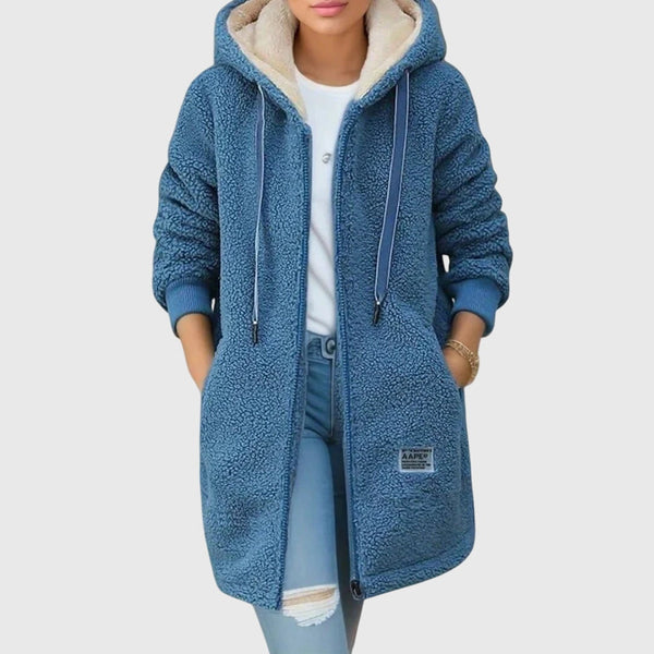 Lange teddyjas met capuchon en steekzakken in zachte teddystof voor dames