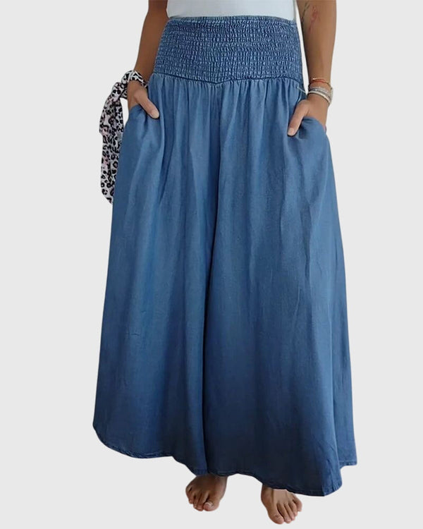 Comfortabele dames broek in denimlook met hoge elastische taille en wijde pijpen