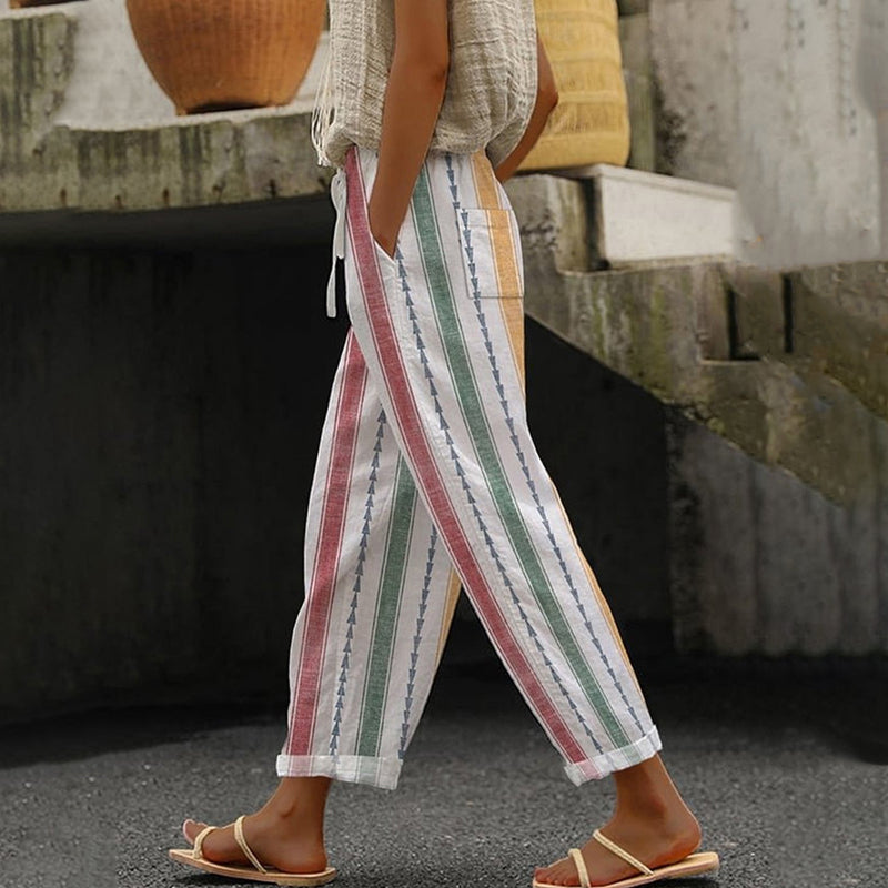 Casual broek met kleurrijke verticale strepen, elastische taille en omgeslagen zoom