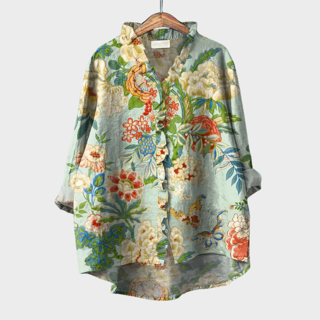 Elegante dames zomerblouse met kunstzinnige print en lange mouwen in luchtige stof