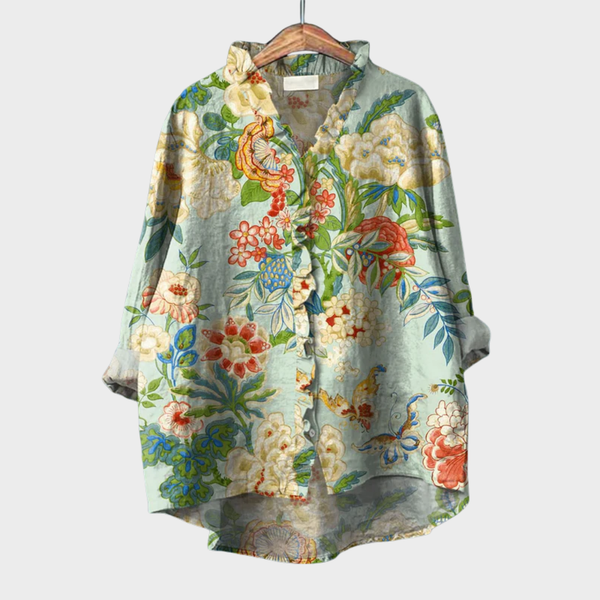 Elegante dames zomerblouse met kunstzinnige print en lange mouwen in luchtige stof