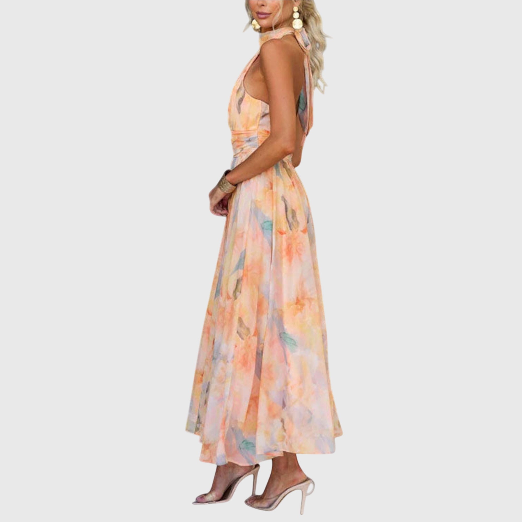 Maxi jurk met open rug en kleurrijke aquarelprint en vloeiende rok voor dames