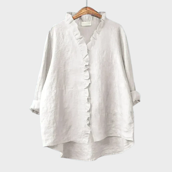 Lichte dames zomerblouse met verfijnd dessin en lange mouwen in ademende stof