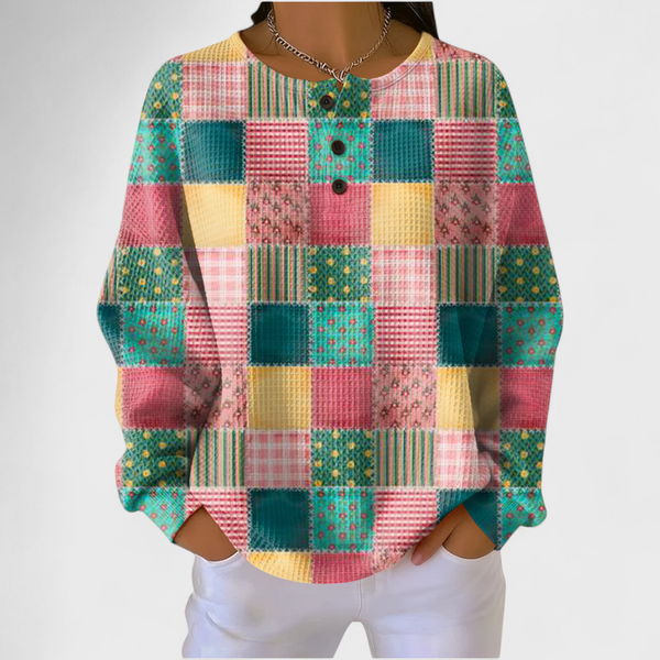 Margriet dames patchwork geruite trui met wafelstructuur