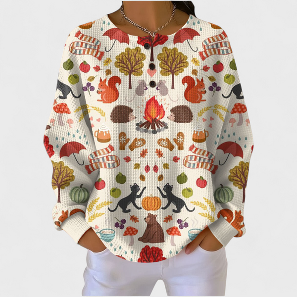 Linda dames trui met herfstbosprint en wafelstructuur