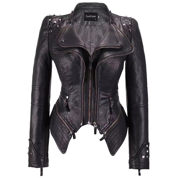 Strak dames bikerjack van nepleer met studs en diepe ritszakken