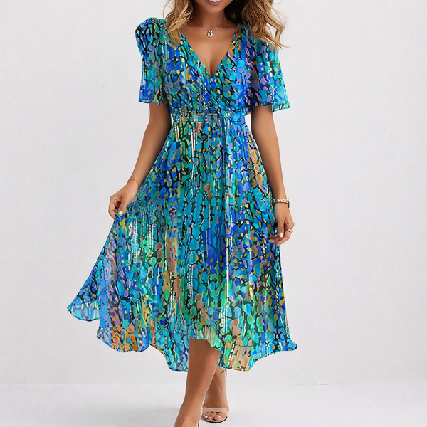 Luchtige midi jurk in kustblauw met V-hals, plooien en asymmetrische zoom