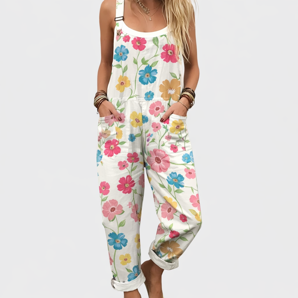 Dames tuinbroek met wijde pijpen en kleurrijke bloemenprint, comfortabele pasvorm