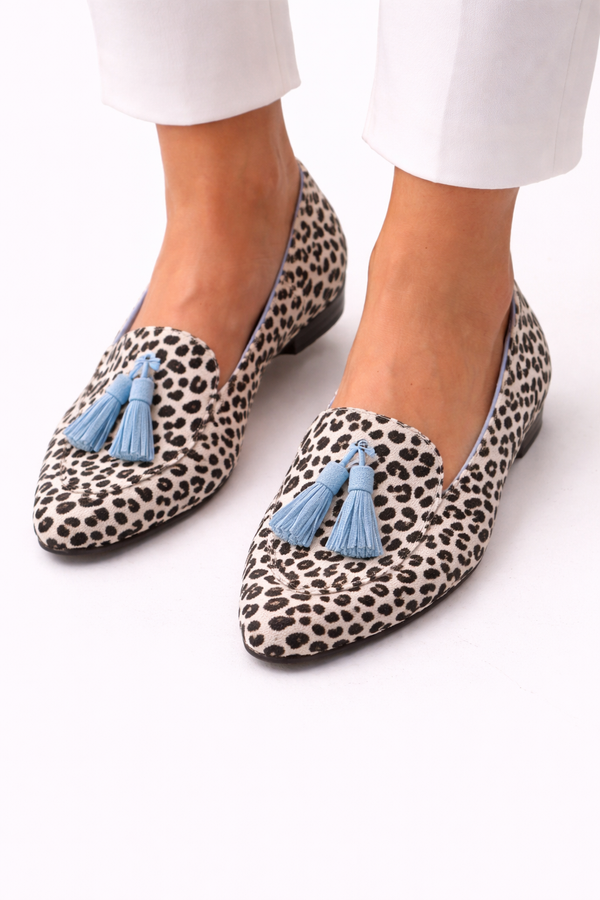 Comfortabele dames mocassins met warme safariprint in bruintinten, handgemaakt