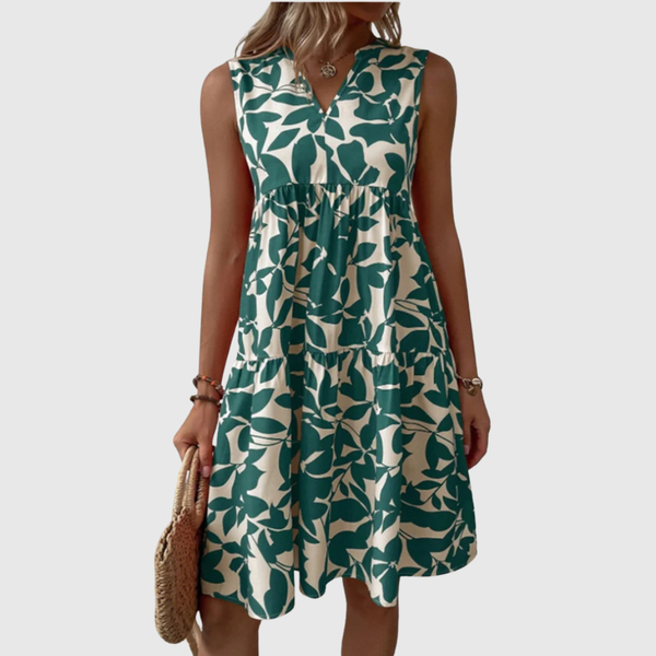 Mouwloze midi jurk met kleurrijke bloemenprint, V-hals en wijd uitlopende rok