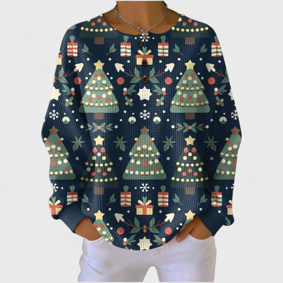 Simone dames marineblauwe trui met kerstboomprint en wafelstructuur