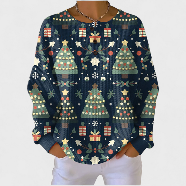 Simone dames marineblauwe trui met kerstboomprint en wafelstructuur