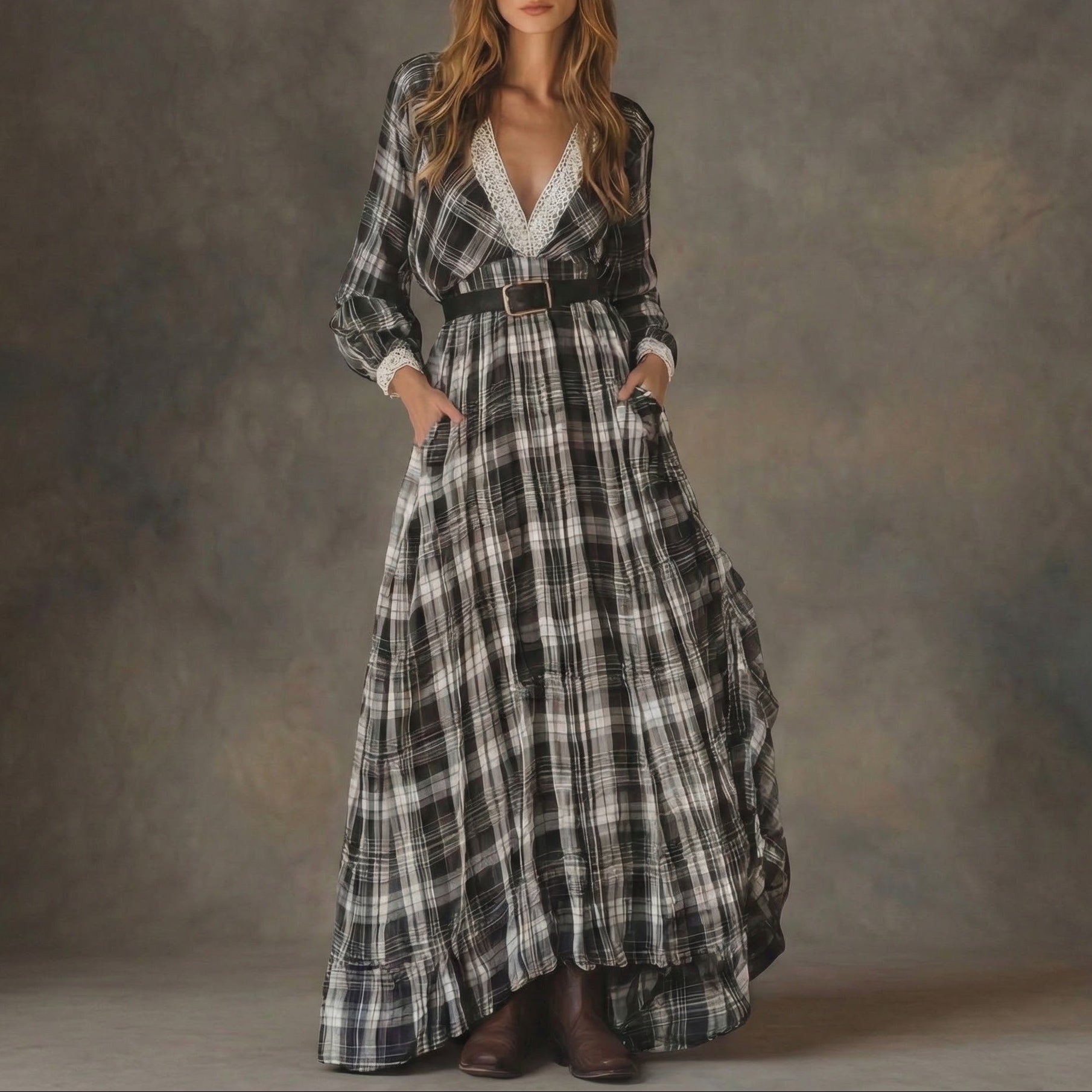 Dieuwke dames geruite maxi-jurk met ceintuur