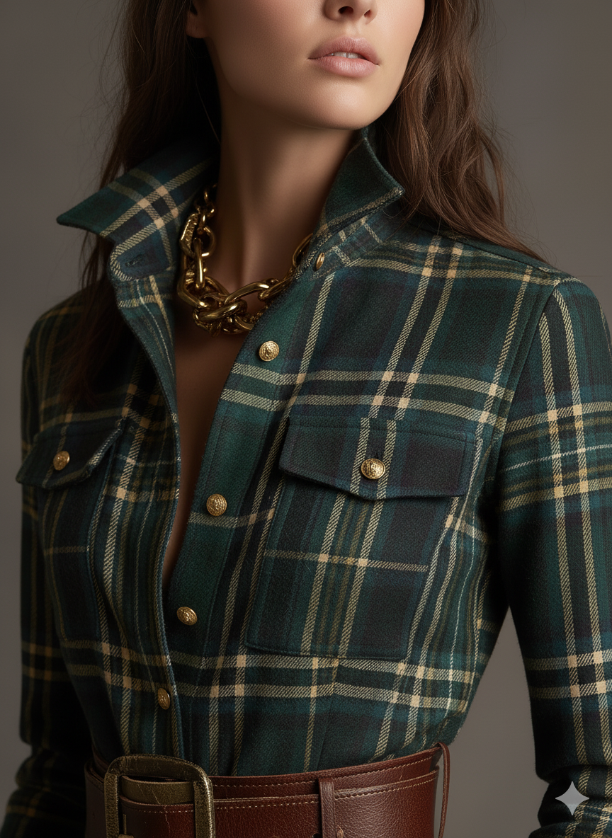 Klassieke hemdblouse met fijn ruitpatroon, delicate kraag en bijpassende tailleband