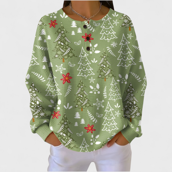Patty dames groene trui met kerstboomprint en wafelstructuur