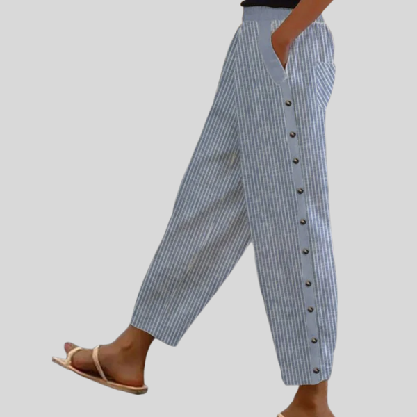 Luchtige gestreepte broek met sierknopen aan de zijkant en een comfortabele elastische taille