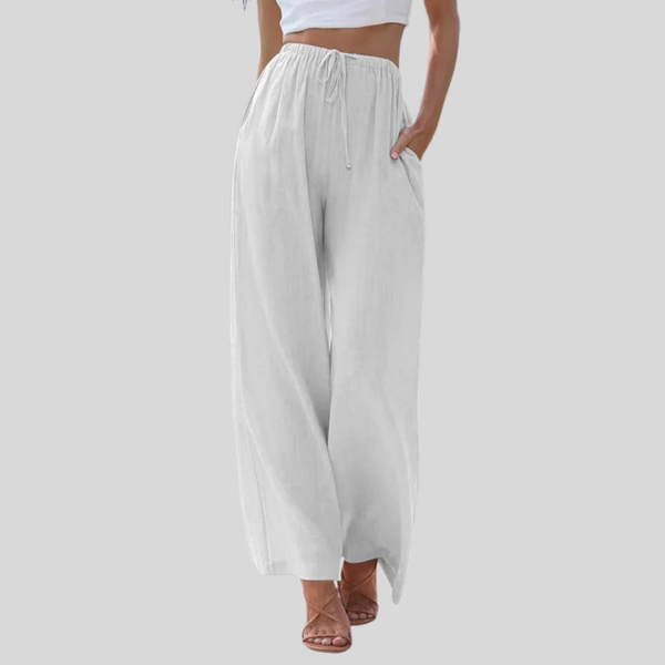 Elegante zomerbroek met wijde pijpen en koord in de taille in een lichte, luchtige stof