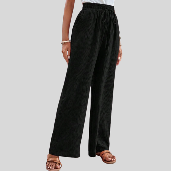 Lichte casual broek met wijde pijpen en elastische taille met koord in een zachte tint