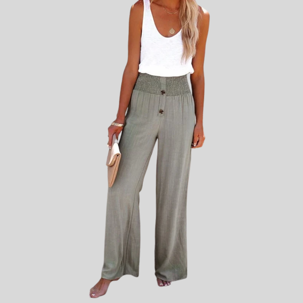 Relaxte broek met hoge taille, wijde pijpen en subtiele knopen in een neutrale tint