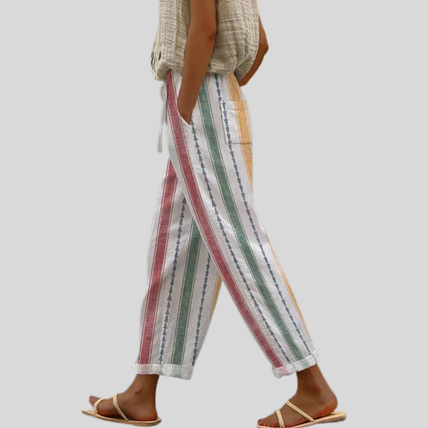 Casual broek met kleurrijke verticale strepen, elastische taille en omgeslagen zoom