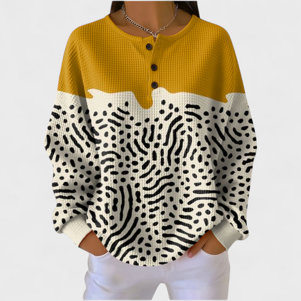 Bianca dames mosterdkleurige trui met abstracte print en wafelstructuur