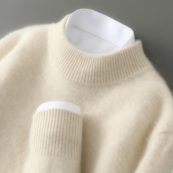 Unisex kasjmier trui in crème met opstaande col en geribde afwerking