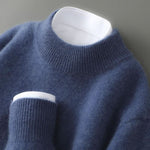 Unisex kasjmier trui in blauw met opstaande col en geribde afwerking
