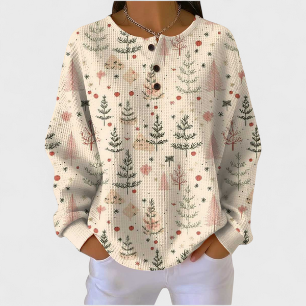Daphne dames trui met herfstboomprint en wafelstructuur
