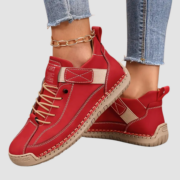 Orthopedische damessneakers van ademend leer met elastische zijpanelen en dikke EVA-zool