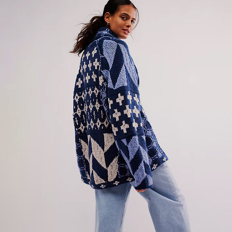 Open gebreid dames vest met geometrische print en lange mouwen in ruime pasvorm