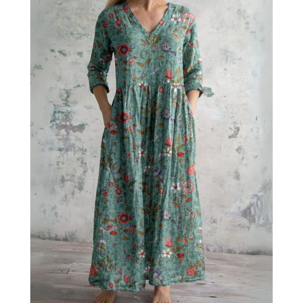Lange maxi jurk met vintage bloemenprint in warme tinten, V-hals en taille