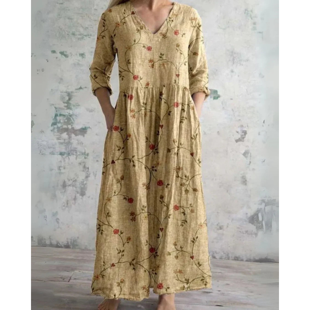 Lange maxi jurk met vintage bloemenprint in warme tinten, V-hals en taille