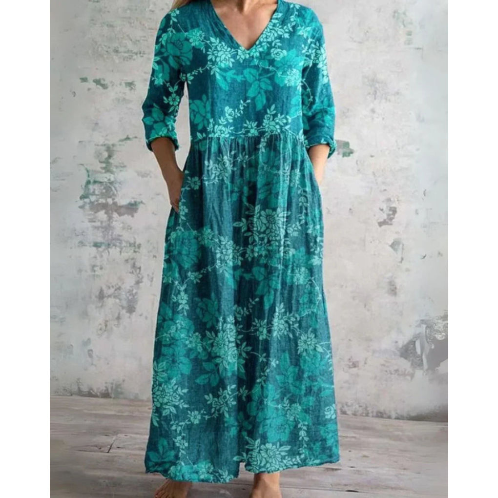 Lange maxi jurk met vintage bloemenprint in warme tinten, V-hals en taille
