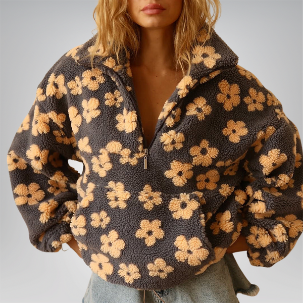 Zachte fleece dames trui met kleurrijke bloemenprint en lange mouwen, ruime pasvorm