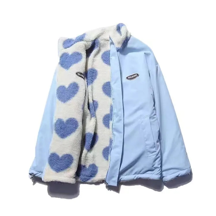 Omkeerbare fleece jas met hartjesprint, hoge kraag en rits in zachte fleece voor dames