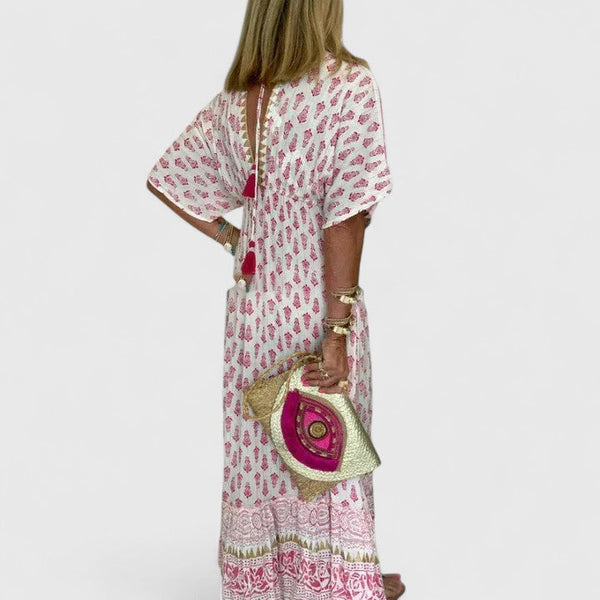 Lange comfortabele maxi jurk met kleurrijke boho print en ruime luchtige val