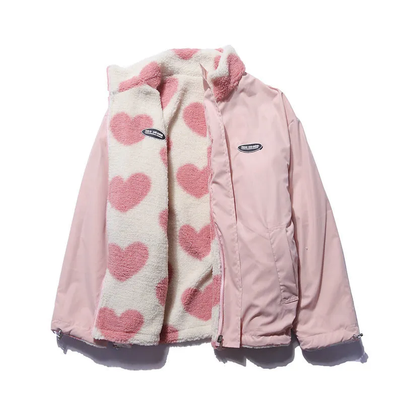 Omkeerbare fleece jas met hartjesprint, hoge kraag en rits in zachte fleece voor dames