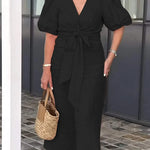 Elegante midi jurk voor dames met diepe V-hals, knoopdetail en pofmouwen