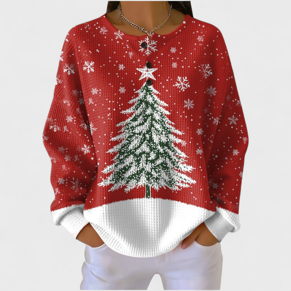 Renate dames rode trui met kerstboomprint en wafelstructuur