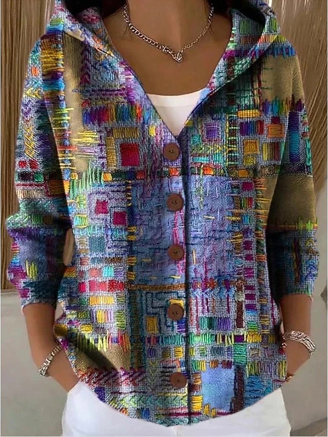 Geertje dames gebreid vest met print en capuchon