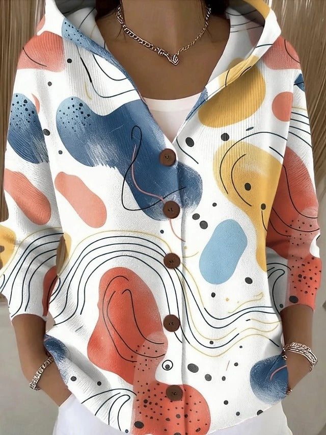 Geertje dames gebreid vest met print en capuchon