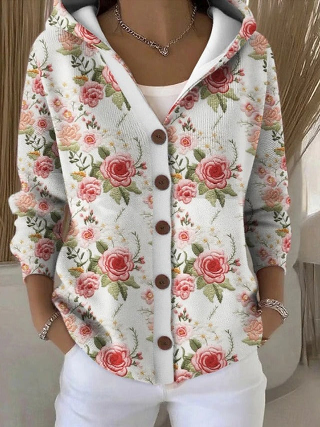 Geertje dames gebreid vest met print en capuchon