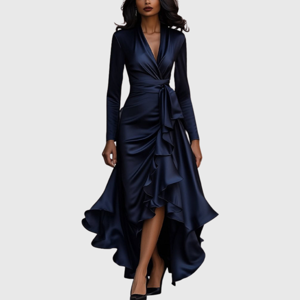 Elegante maxi jurk met wikkelvorm, V-hals, lange mouwen en vloeiende ruches