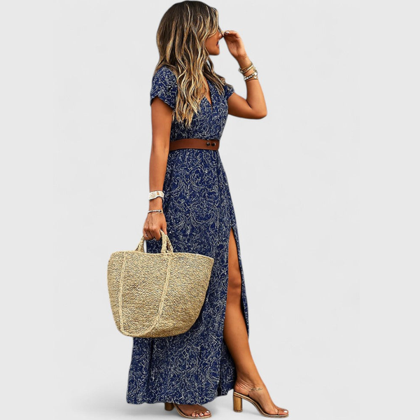 Lange elegante boho maxi jurk met zomerse print en gerimpelde elastische taille