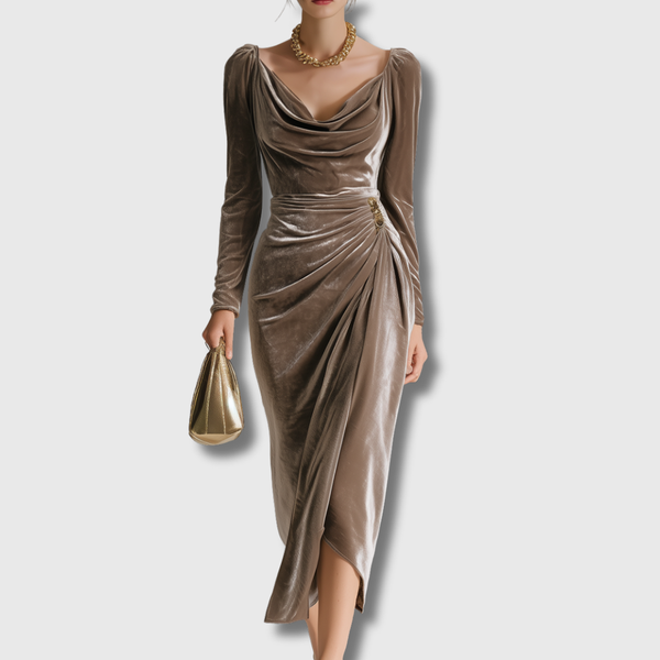 Elegante fluwelen midi jurk met ronde halslijn en aansluitend vrouwelijk silhouet
