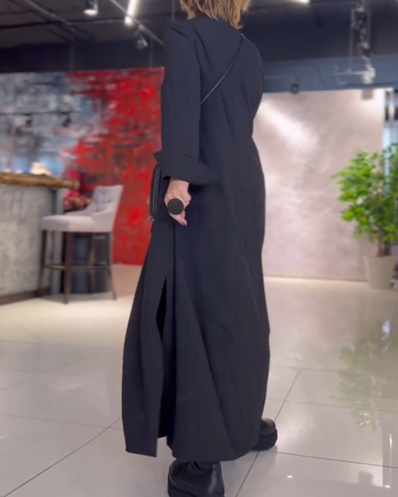 Losse maxi jurk voor dames in effen kleur met reverskraag en lange mouwen