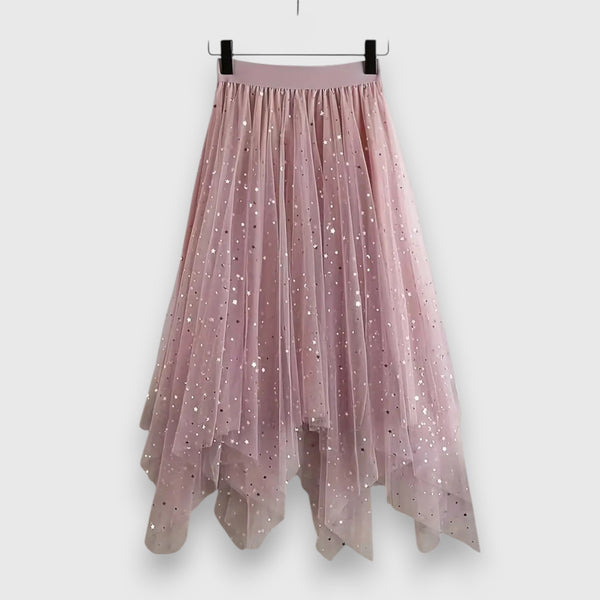 Feestelijke dames rok met hoge taille, ruche aan de zoom en glinsterende pailletten
