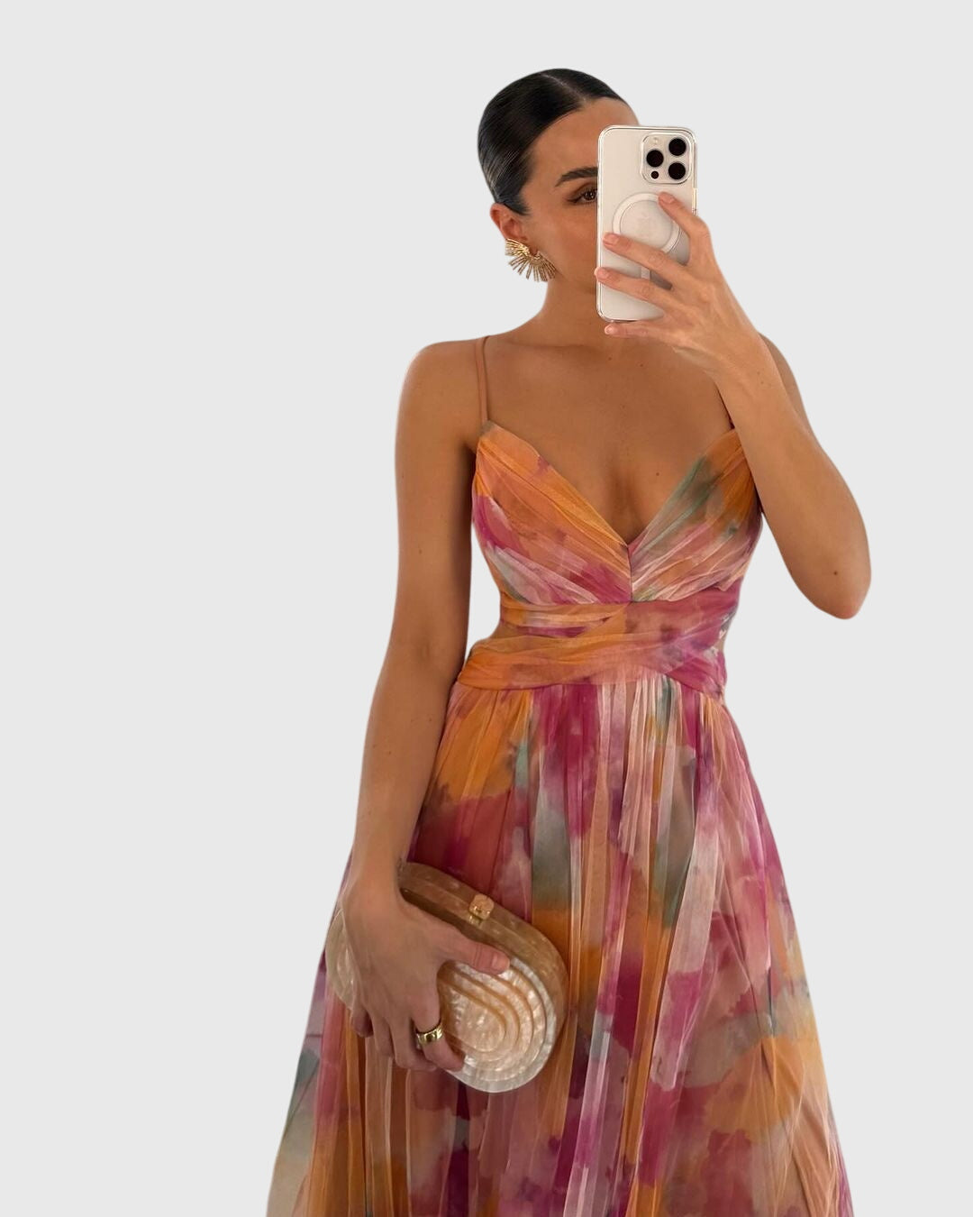 Lange maxi jurk met romantische bloemenprint, hoge taille en gekruiste bandjes