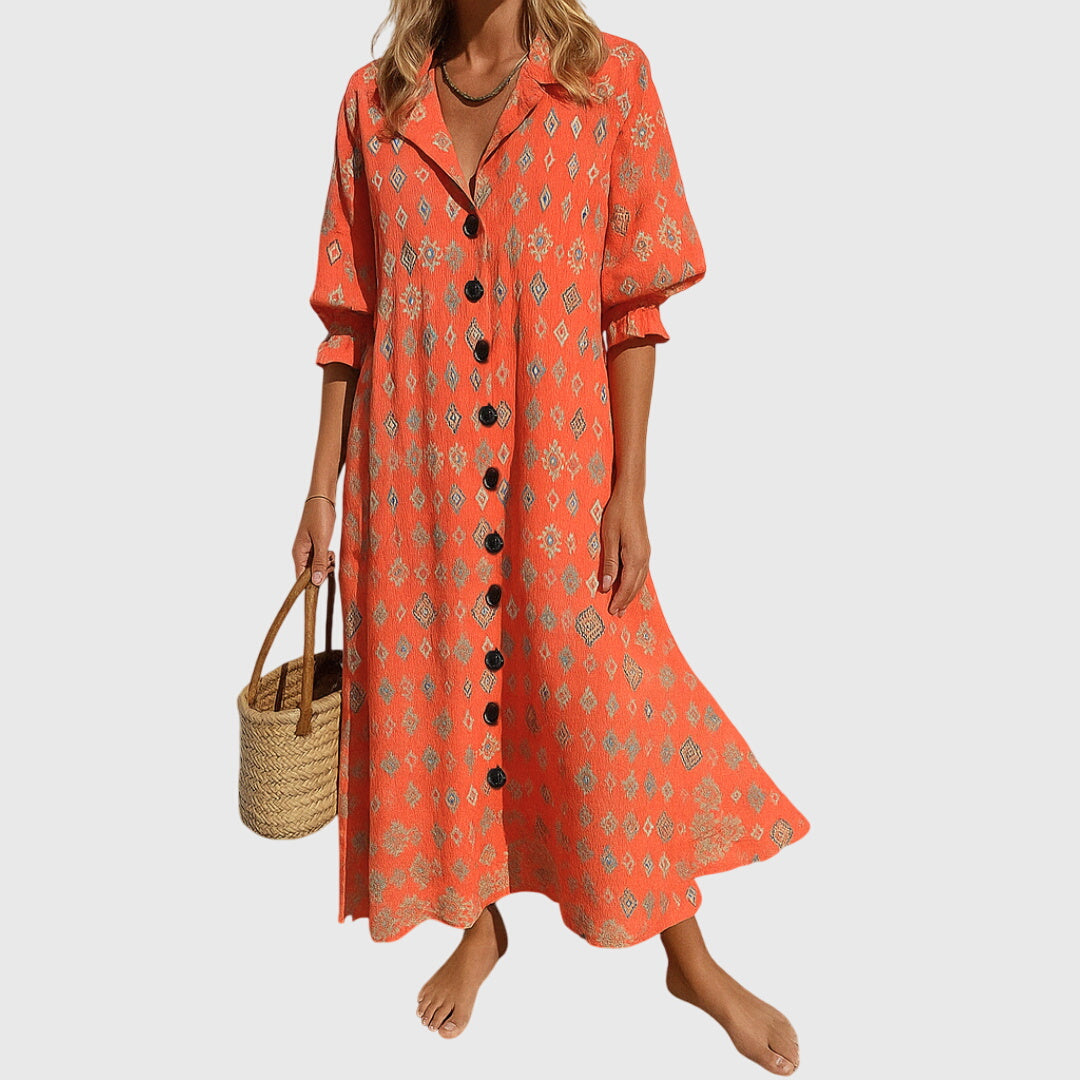 Elegante slankmakende jurk met kantdetails en luchtige boho print voor dames